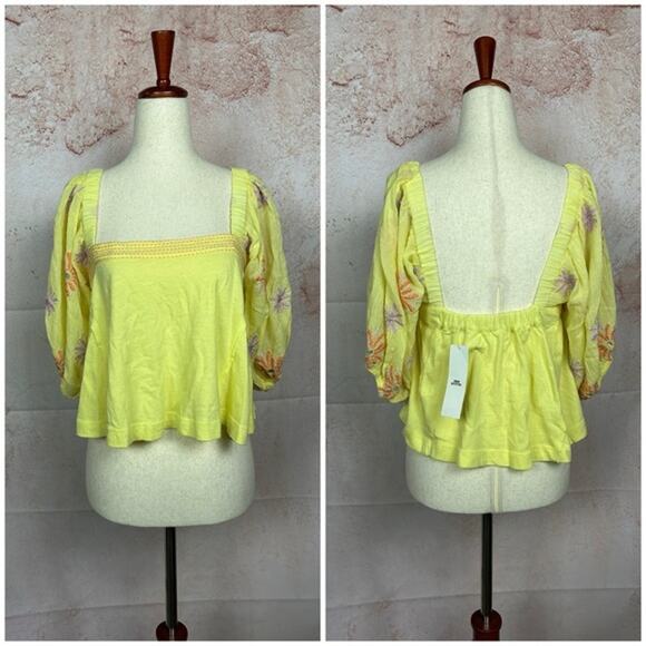 NWT URBAN OUTFITTERS embroidered boho top size M yellow knit peasant shirt - Picture 1 of 8
